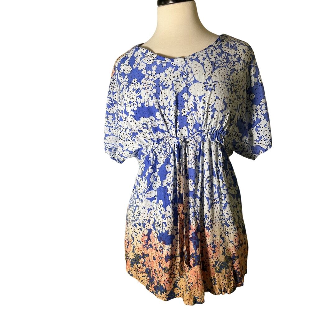 CAbi top sz S v neck TUNIC tie front Dolman sleeves Artsy Floral Boho Style 891